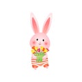 Cute rosy easter bunny with flowers isolated on white background