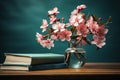 A pretty pink flower is showcased with books and glasses, education pictures for website Royalty Free Stock Photo