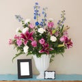 Pretty Pink and Lavender Flower Bouquet in White Vase with Blank Picture Frame and Name Card with room or space for your words, te