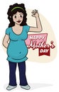 Pretty Pregnant Brunette with Mother's Day Sign, Vector Illustration
