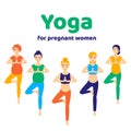 Pretty pregnant group women doing yoga, having healthy lifestyle and relaxation. Exercises prenatal. Happy and healthy pregnancy.