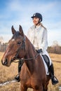 Pretty professional female jockey riding a horse in field in winter Royalty Free Stock Photo