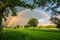 Pretty rainbow in a field with trees Royalty Free Stock Photo