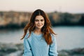 pretty redhead woman rocky mountains landscape freedom travel