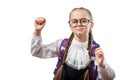 Pretty Schoolgirl In Glasses Raise Hands Copyspace