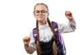 Pretty Schoolgirl In Glasses Raise Hands Copyspace