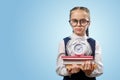 Pretty Schoolgirl Hold Books Pile Blue Background