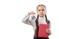 Pretty Schoolgirl Hold Clock In Hand Copyspace