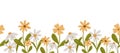 Pretty seamless border with simple daisy flowers. Chamomile in scandinavian style. Stylized tiny flowers, digital