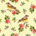 Pretty seamless yellow background with rose flowers and birds