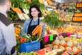 Pretty seller helping customer to buy vegetables Royalty Free Stock Photo