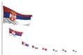 Beautiful celebration flag 3d illustration - Serbia isolated flags placed diagonal, illustration with selective focus and space