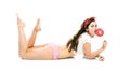 Pretty pin up girl in panties and big lollipop Royalty Free Stock Photo