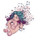 Pretty sleeping gilr with pink teddy bear and long curly colorful hair,