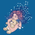 pretty sleeping gilr with pink teddy bear and long curly colorful hair
