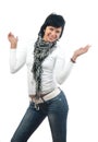 Pretty slim woman in jeans, blouse and scarf