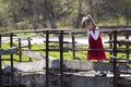 Pretty small blond long haired girl in nice red dress stands alone on old cement bridge leaning on wooden railings looking intent Royalty Free Stock Photo