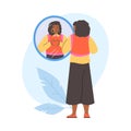 Pretty smiling black woman looking in mirror, reflection the heart sign with fingers, love yourself vector illustration