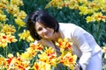Pretty smiling brunette among yellow spring tulips Royalty Free Stock Photo
