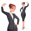 Pretty smiling businesswoman in office wear taking selfie photo. Isolated vector illustration.