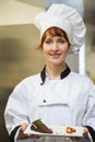 Pretty smiling chef presenting chocolate cake with strawberries Royalty Free Stock Photo