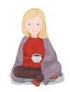 Pretty smiling girl sitting under a blanket enjoying a mug of hot drink, teenager drinking a drink wrapped in a blanket.
