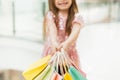 Pretty smiling little girl with shopping bags posing in the shop. Lovely sweet moments of little princess, pretty friendly child Royalty Free Stock Photo