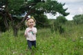 Pretty smiling toddler girl with blond curly hair wearing wildflowers wreath walking in the countryside Royalty Free Stock Photo