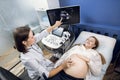 Pretty smiling woman doctor doing an ultrasound diagnostics for her young happy pregnant woman patient, and pointing at