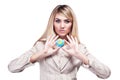 Pretty smiling woman holding a world globe. Business woman Royalty Free Stock Photo