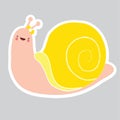 Pretty snail girl on a gray background. Yellow bow and shell. Nursery art. Use as illustration sticker book, cartoon Royalty Free Stock Photo