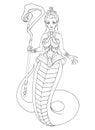 Pretty snake girl with magic staff and snake tail. Hand drawn contour anime illustration