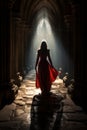 pretty sorceress woman walking down a castle corridor isle. tall stone columns on both sides. long red dress.