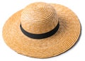 Pretty straw hat with a black strip on white background beach hat top view isolated Royalty Free Stock Photo