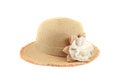 Pretty straw hat with flower on white background Royalty Free Stock Photo