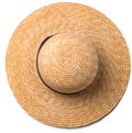 Pretty straw hat with ribbon and bow on white background beach hat top view