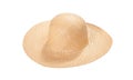 Pretty straw hat with ribbon and bow on white background. Beach hat top view isolated Royalty Free Stock Photo