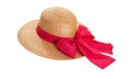 Pretty straw hat with ribbon and bow on white background. Beach hat top view isolated Royalty Free Stock Photo