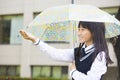 Pretty student girl holding umbrella in the rain Royalty Free Stock Photo