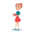 Pretty student girl standing and holding books in her hands cartoon character vector Illustration