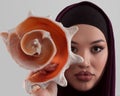 Pretty stylish Muslim woman wearing hijab and holding a seashell and dreams closed eyes. Golden ratio and ideal Royalty Free Stock Photo