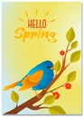 Pretty stylized floral spring poster or greeting card design with cute bird sitting on a blossoming branch under the text, vector Royalty Free Stock Photo