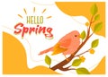 Pretty stylized floral spring poster or greeting card design with cute bird sitting on a blossoming branch under the text, vector Royalty Free Stock Photo