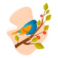 Pretty stylized floral spring poster or greeting card design with cute bird sitting on a blossoming branch under the text, vector Royalty Free Stock Photo