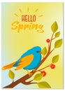 Pretty stylized floral spring poster or greeting card design with cute bird sitting on a blossoming branch under the text, vector Royalty Free Stock Photo