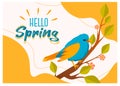 Pretty stylized floral spring poster or greeting card design with cute bird sitting on a blossoming branch under the text, vector Royalty Free Stock Photo