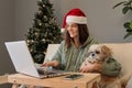 Pretty sweet dark haired woman dressed red Santa Claus hat working online on New Year Eve embracing her pet enjoying her remote Royalty Free Stock Photo