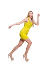 Pretty tall woman in short yellow dress isolated Royalty Free Stock Photo