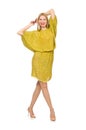 Pretty tall woman in yellow dress isolated on