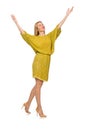 Pretty tall woman in yellow dress isolated on the